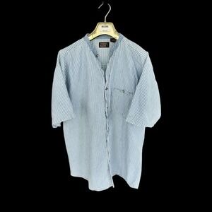 Vintage 90s Faded Glory Striped Shirt Blue‎ Mandarin Collar Button Down Large